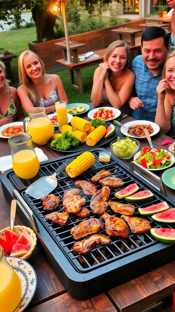 Outdoor barbecue scene with grilled meats, corn, salad, and guests enjoying the evening.